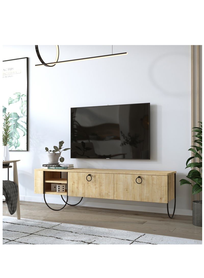 Mourah Home Norfolk TV Stand 2-Door Storage 2 shelf Up To 60'' Inch TV | Modern Tv Stand Metal Legs| Living Room Cabinet| 151x35.6x43.6 CM (Oak) - Image 1