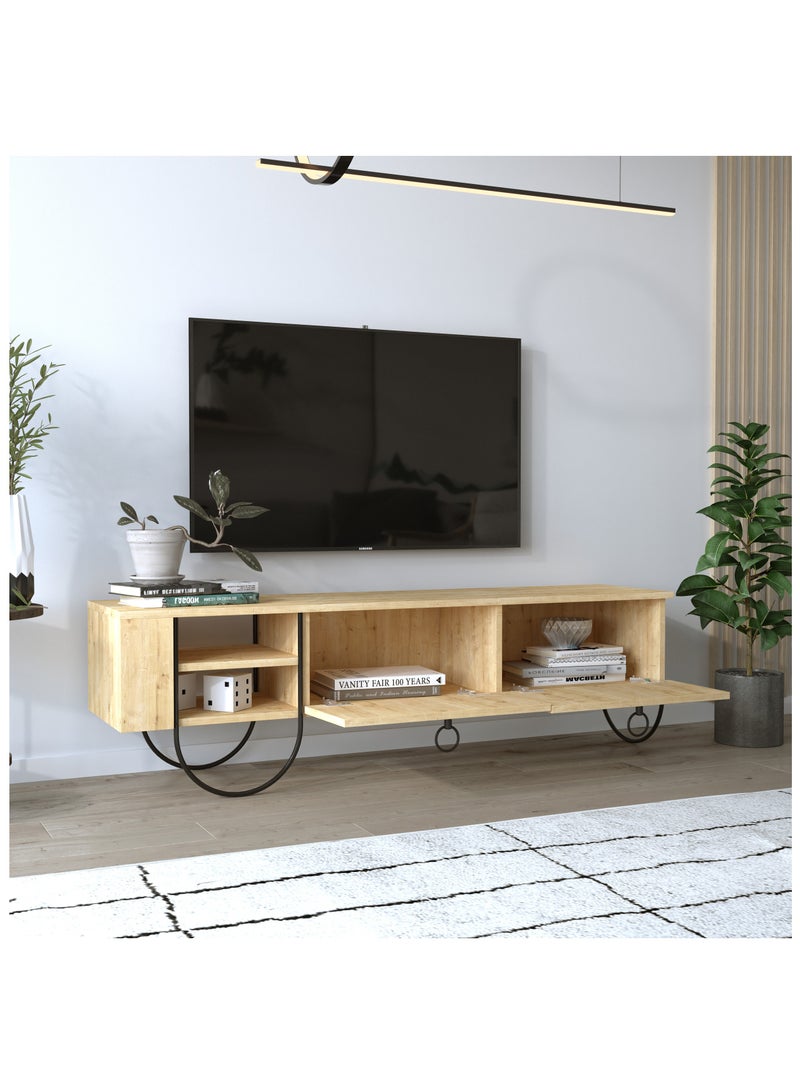 Mourah Home Norfolk TV Stand 2-Door Storage 2 shelf Up To 60'' Inch TV | Modern Tv Stand Metal Legs| Living Room Cabinet| 151x35.6x43.6 CM (Oak) - Image 2