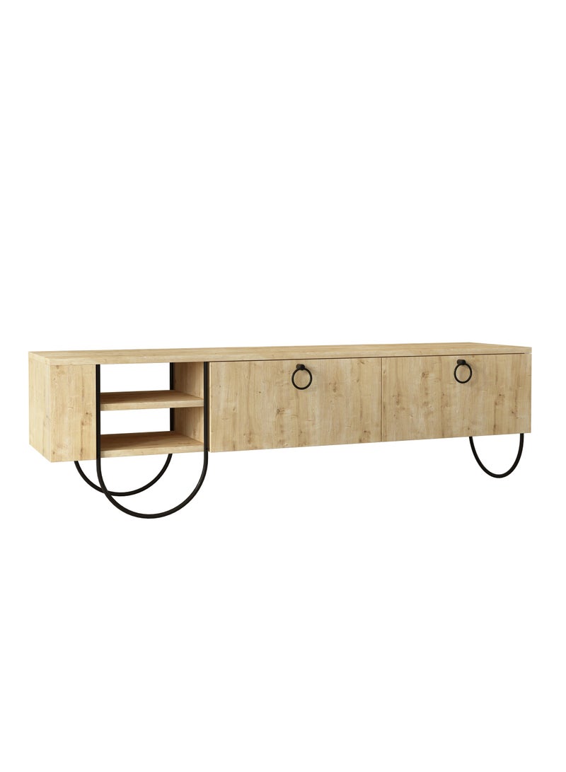 Mourah Home Norfolk TV Stand 2-Door Storage 2 shelf Up To 60'' Inch TV | Modern Tv Stand Metal Legs| Living Room Cabinet| 151x35.6x43.6 CM (Oak) - Image 3
