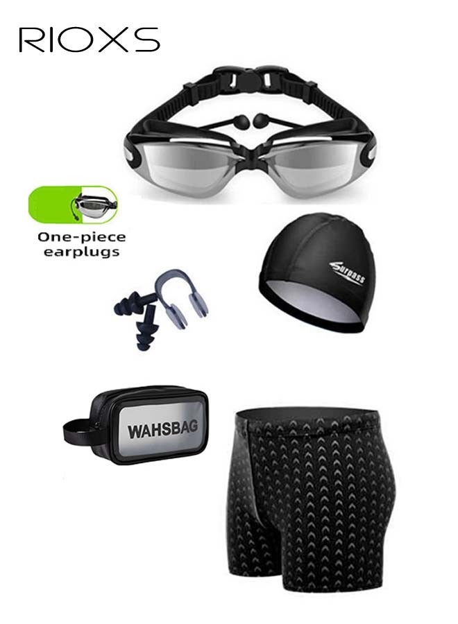 RIOXS Men's Swimwear Set with Quick-drying Swim Trunks, Adjustable Swimming Goggles, Swim Cap, Nose Clip, Ear Plugs and Storage Bag, Complete Durable Swimming Goggles Package, Swimming Essentials - Image 1