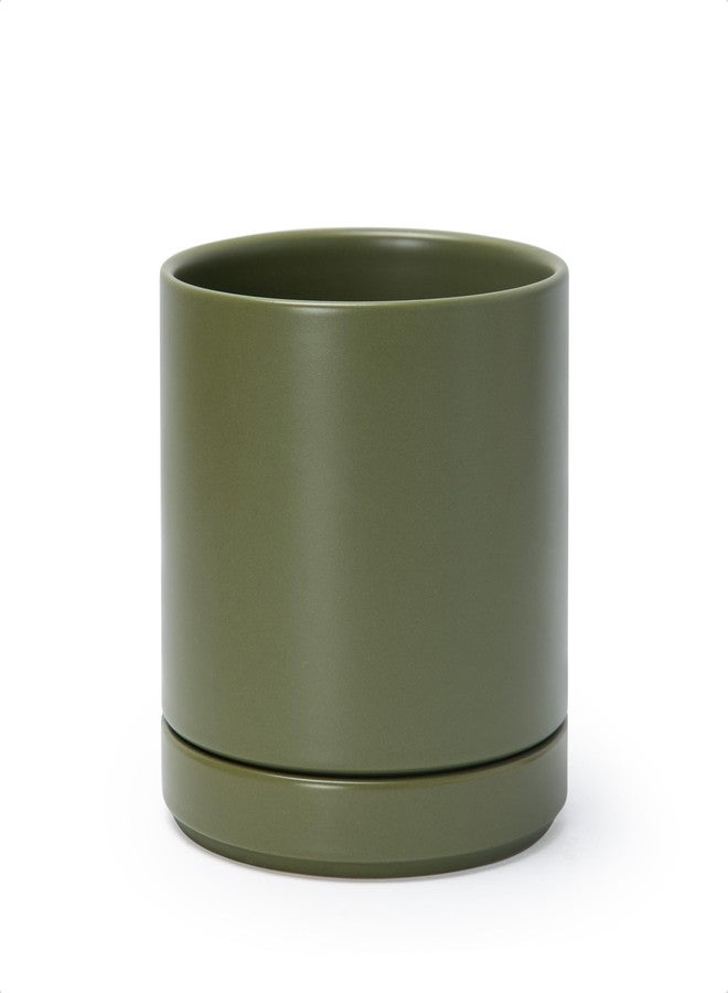 D'vine Dev 6 Inch Ceramic Planter Pot with Drainage Hole and Saucer, Indoor Cylinder Round Planter Pot, Olive, 94-O-C-J - Image 1