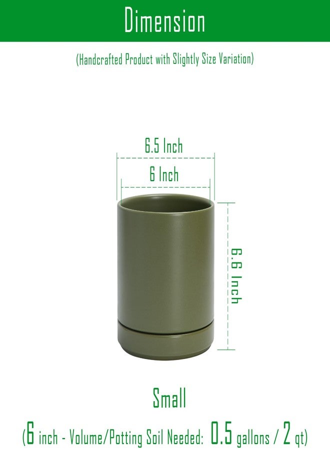 D'vine Dev 6 Inch Ceramic Planter Pot with Drainage Hole and Saucer, Indoor Cylinder Round Planter Pot, Olive, 94-O-C-J - Image 3