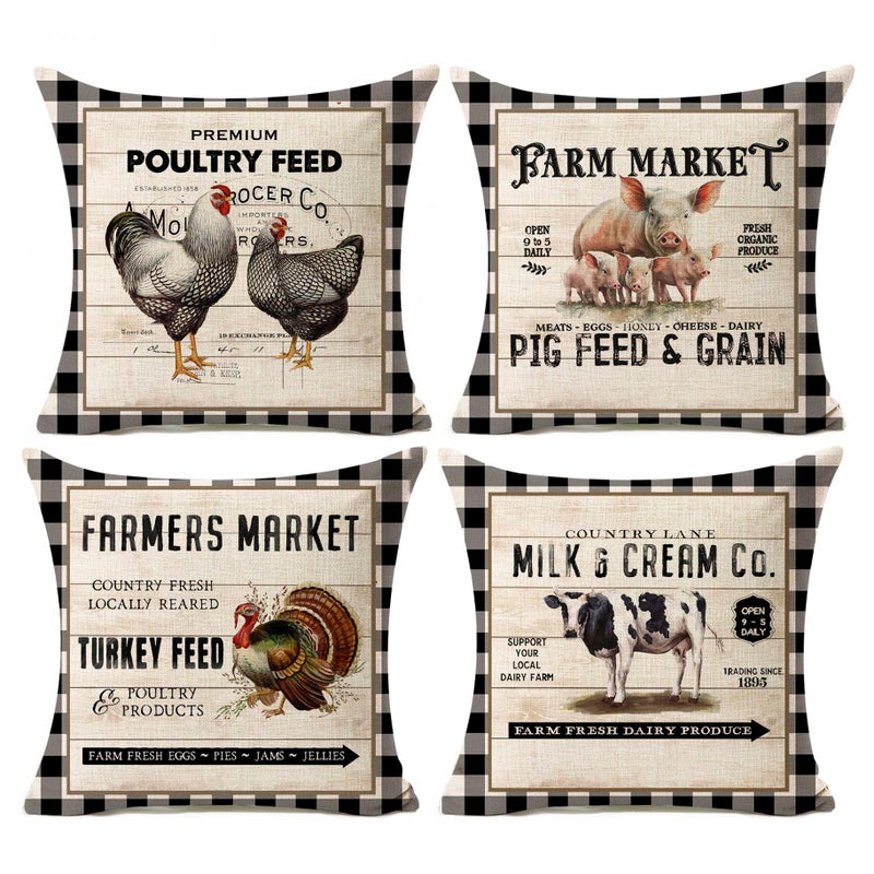 Farmhouse Animal Pillow Covers 18x18 Set of 4 Vintage Wood Farm Market Fresh Organic Produce Milk Pig Turkey Feed Premium Poultry Farm Home Dcor Throw Pillow Case Cushion Cover for Sofa F06318