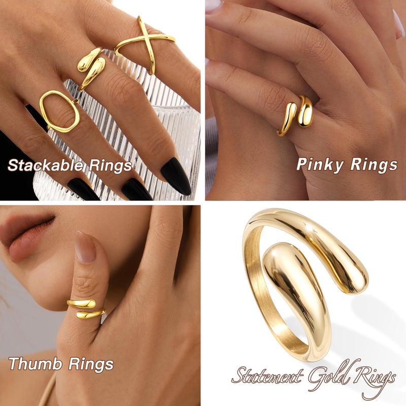 Poxtex Gold Chunky Rings for Women, Stainless Steel Statement Rings, Adjustable Signet Wedding Band Jewelry Plus Extra Size 13 - Image 3
