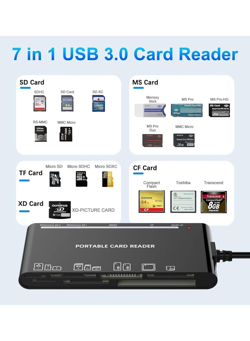 Rocketek Card Reader USB 3.0/Type-C , 7 in 1 Memory Card Reader, USB 3.0 (5Gbps) High Speed CF/SD/TF/XD/MS/Micro SD Card Solt All in one Card Reader for Windows XP/Vista/Mac OS/Linux,etc - Image 2