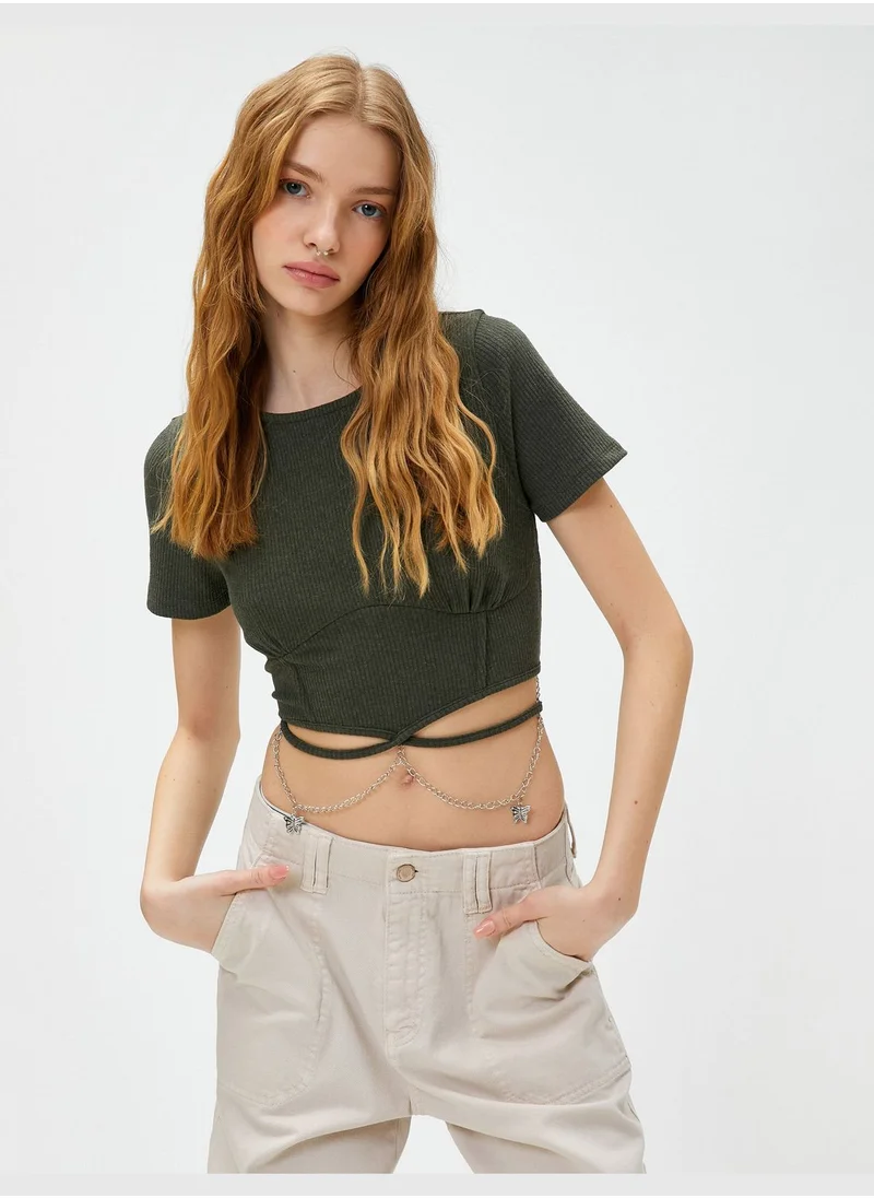 كوتون Ribbed Butterfly Chain Short Sleeve Crop T-Shirt