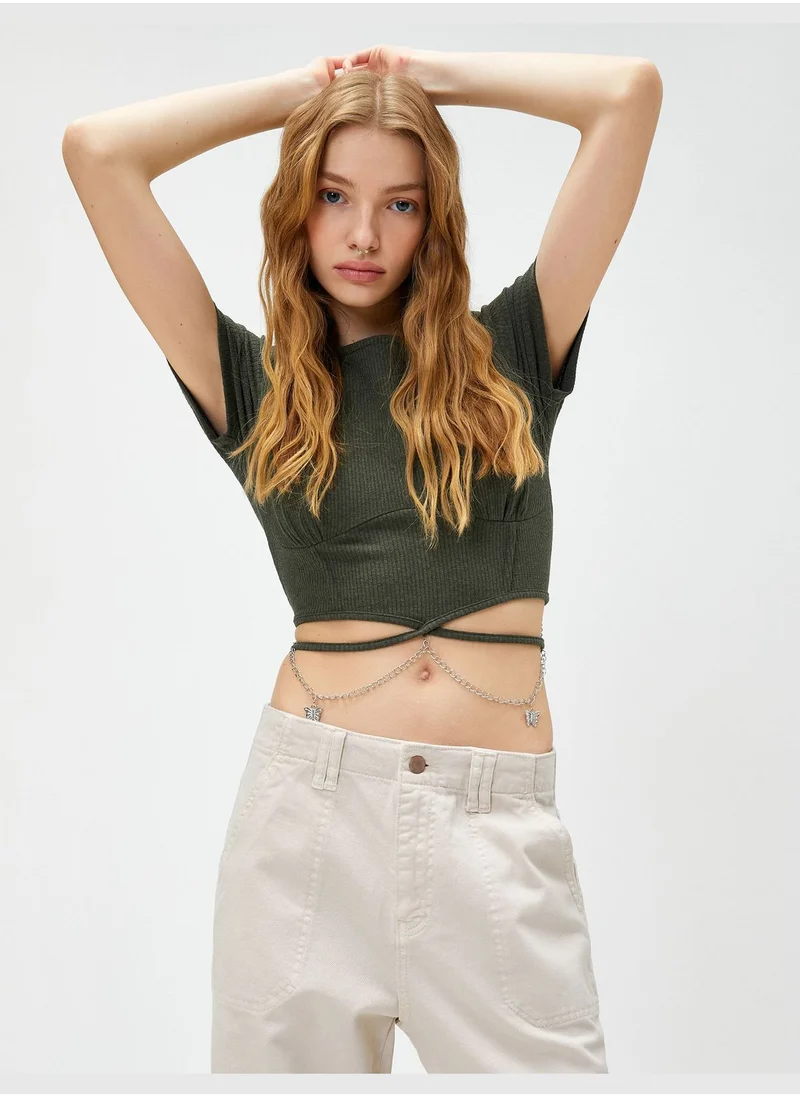 كوتون Ribbed Butterfly Chain Short Sleeve Crop T-Shirt