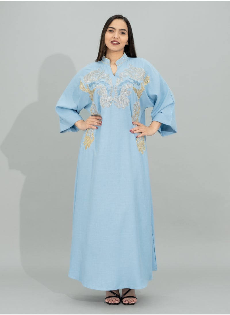 IKKXA - Solid Embroidery Elegant Jalabiya CJ1097 Blue - Image 1