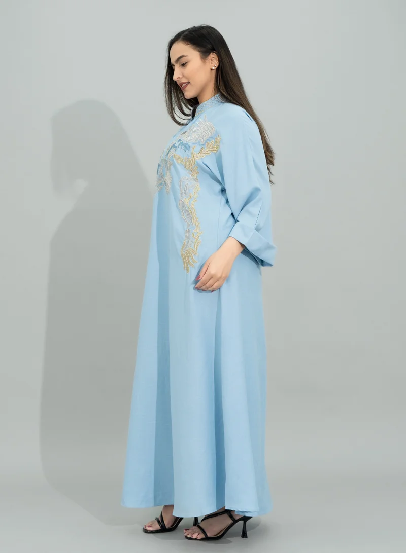IKKXA Solid Embroidery Elegant Jalabiya CJ1097 Blue