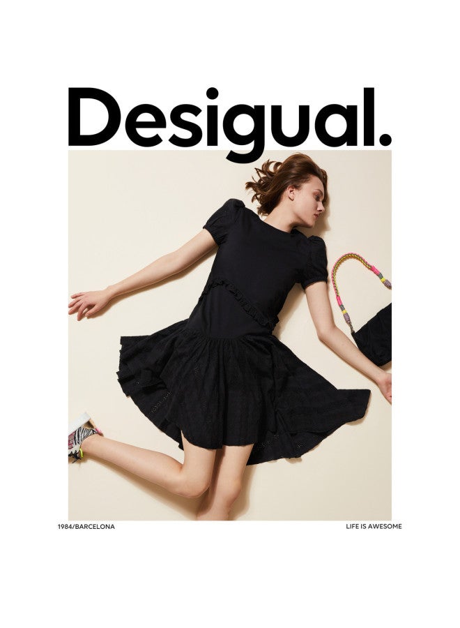 DESIGUAL فستان ميدي نسائي بتصميم غير متساوي مع حواف متسعة - Image 3