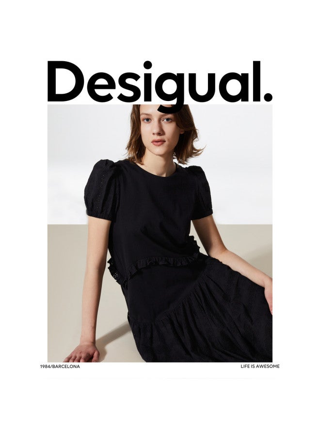 DESIGUAL فستان ميدي نسائي بتصميم غير متساوي مع حواف متسعة - Image 4