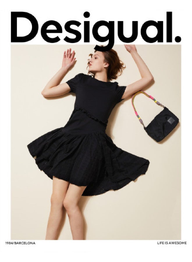 DESIGUAL فستان ميدي نسائي بتصميم غير متساوي مع حواف متسعة - Image 1