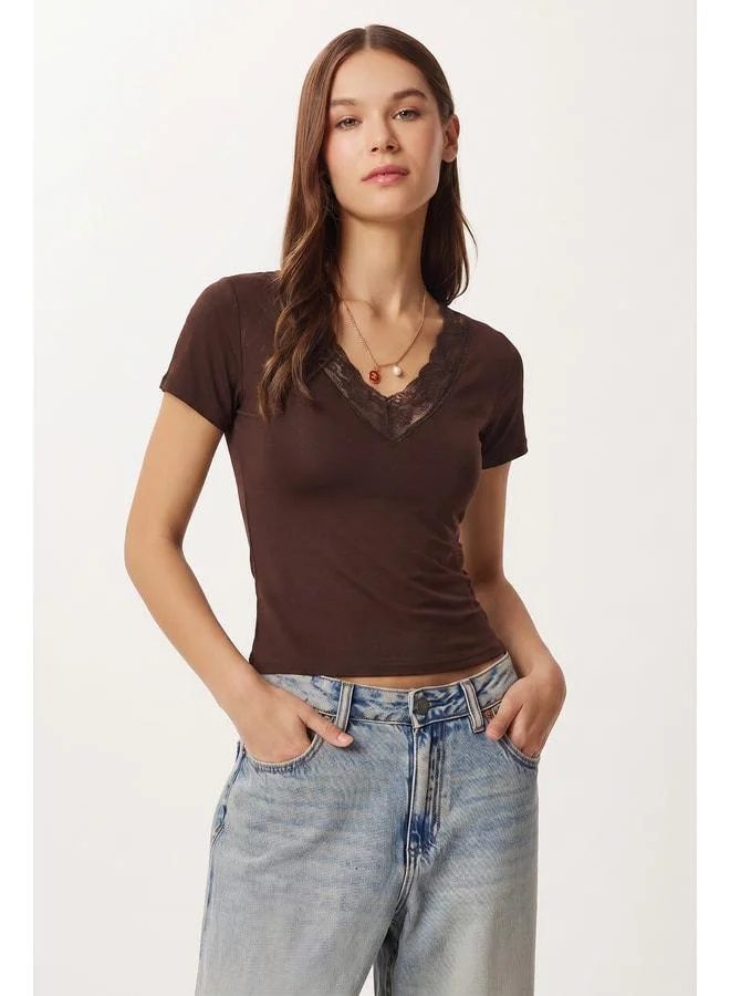 Lovely Istanbul Lace Detailed Sandy Knit Blouse LZV0067 Brown.
