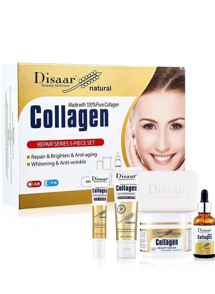 ديسار مجموعة العناية بالبشرة الطبيعية بنسبة 100% من الكولاجين المضاد للشيخوخة وتفتيح البشرة وتوحيد اللون، مكونة من 5 قطع لإصلاح البشرة - Image 1