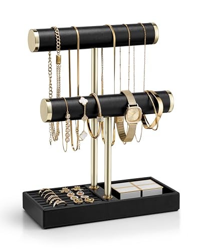 VLANDO 2 Tier Bracelet Holder Organizer with Tray Leather Jewelry Stand Organizer for Women Jewelry Holder Display for Necklace Watches Rings Earrings Bangle Scrunchie Black - Image 1