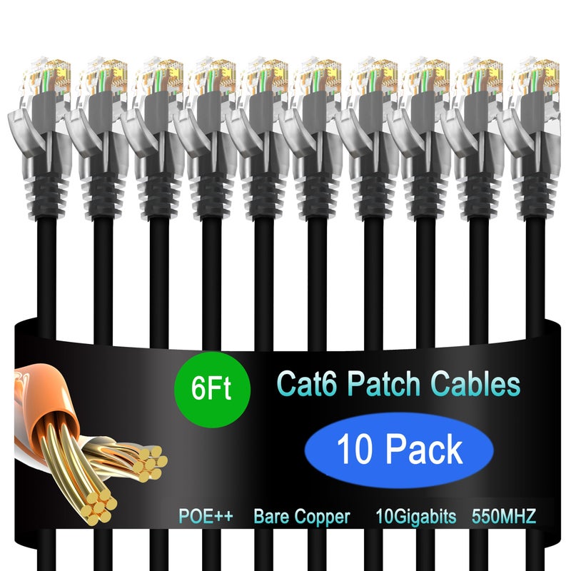 Lysymixs Cat6 Ethernet Patch Cable 6 ft (10 Pack), Cat6 Patch Cable for Data Centers, Cat 6 Patch Cable 10G, Network Patch Cables for Home and Enterprise Network -Black - Image 1