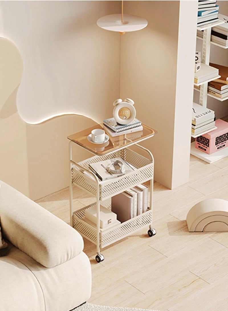 XiuWoo 3 Tier Utility Rolling Cart, Multifunctional Trolley with Wheels, Movable Side Table, Storage Rack, Suitable for Living Room, Bedroom, Balcony White - Image 3