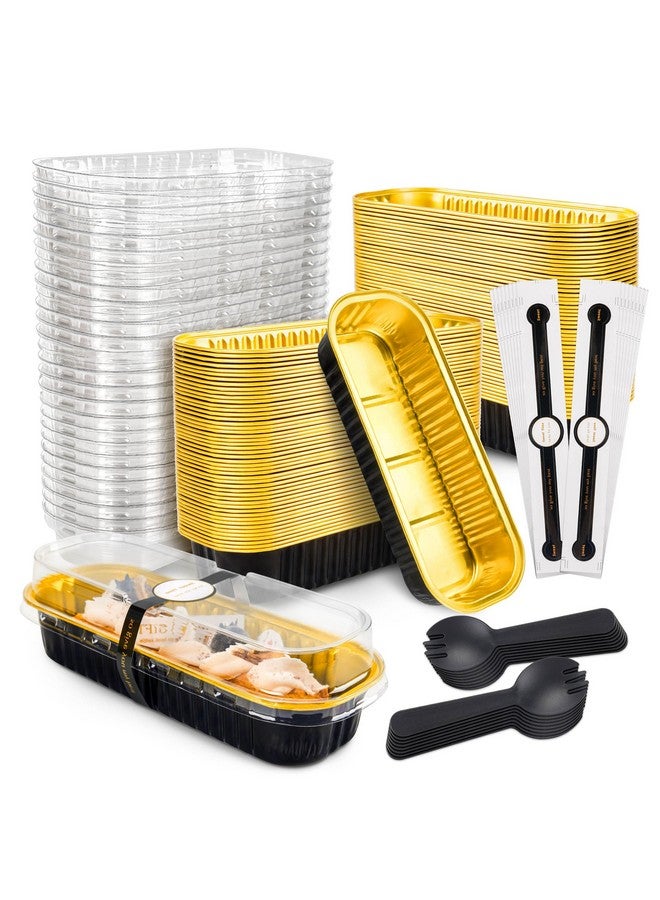 NPLUX NPLUX 100 Pack Mini Cake Pans with Lids and Spoons Black Gold Rectangular Aluminum Foil Baking Pans Mini Cheesecake Containers(6.8oz) - Image 1