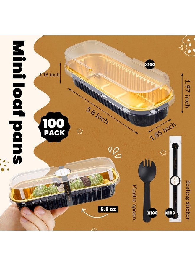 NPLUX NPLUX 100 Pack Mini Cake Pans with Lids and Spoons Black Gold Rectangular Aluminum Foil Baking Pans Mini Cheesecake Containers(6.8oz) - Image 3