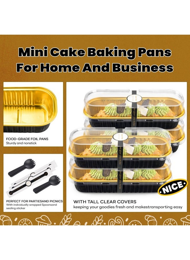 NPLUX NPLUX 100 Pack Mini Cake Pans with Lids and Spoons Black Gold Rectangular Aluminum Foil Baking Pans Mini Cheesecake Containers(6.8oz) - Image 5
