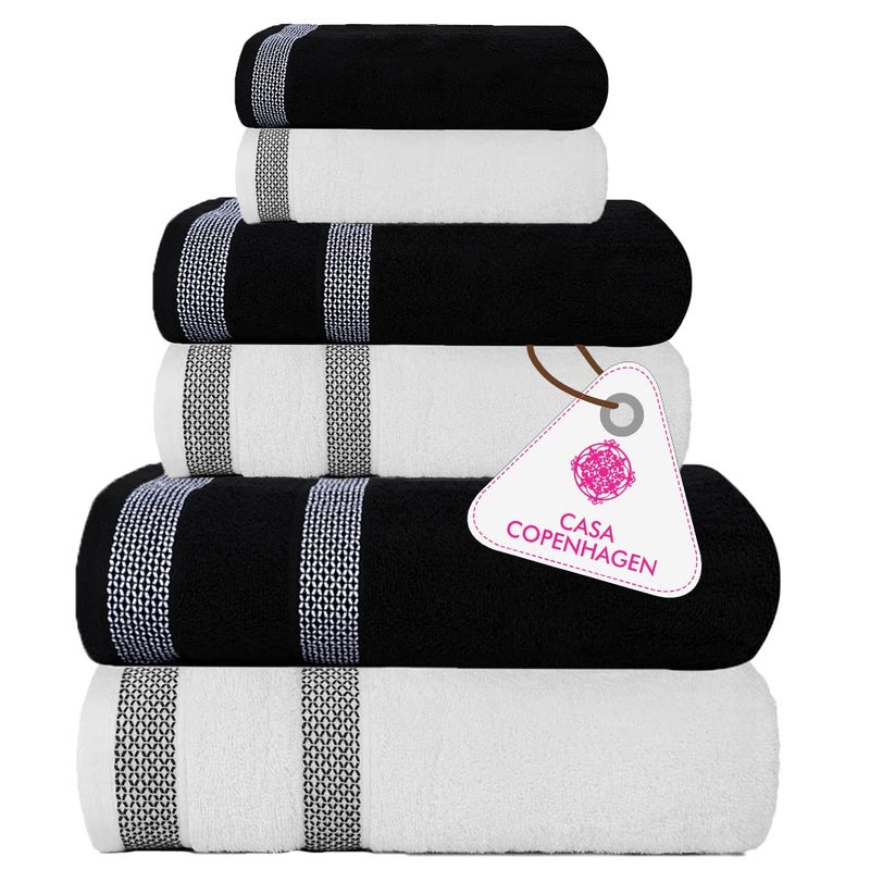 CASA COPENHAGEN CASA COPENHAGEN Solitaire Mix 6 Pieces Towel Set White  Black 600 GSM 2Bath Towel 2Hand Towel 2Washcloth Designed in Denmark Made of Soft Egyptian Cotton for Bathroom Kitchen  Shower 