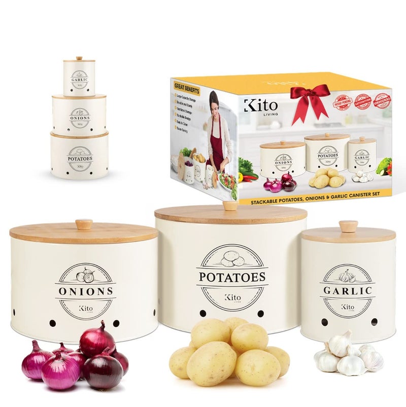 Kito LIVING مجموعات Kito Living Canister لمطبخ عداد 3 قطع من بطاطس البصل البطاطا حارس المطبخ المطبخ لتنظيم المخزن وصناديق التخزين مع منظمة مطبخ الخيزران الخشبية (كريم) - Image 1