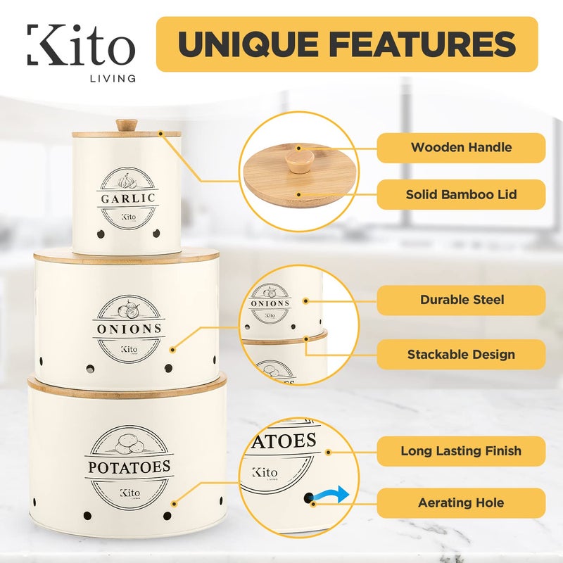 Kito LIVING مجموعات Kito Living Canister لمطبخ عداد 3 قطع من بطاطس البصل البطاطا حارس المطبخ المطبخ لتنظيم المخزن وصناديق التخزين مع منظمة مطبخ الخيزران الخشبية (كريم) - Image 3