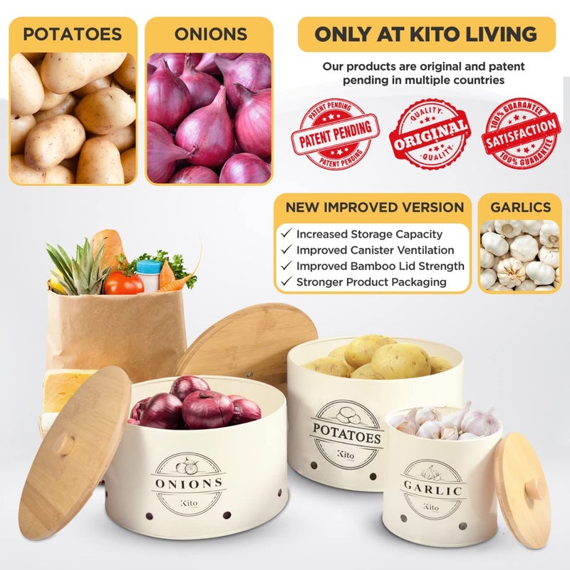 Kito LIVING مجموعات Kito Living Canister لمطبخ عداد 3 قطع من بطاطس البصل البطاطا حارس المطبخ المطبخ لتنظيم المخزن وصناديق التخزين مع منظمة مطبخ الخيزران الخشبية (كريم) - Image 4