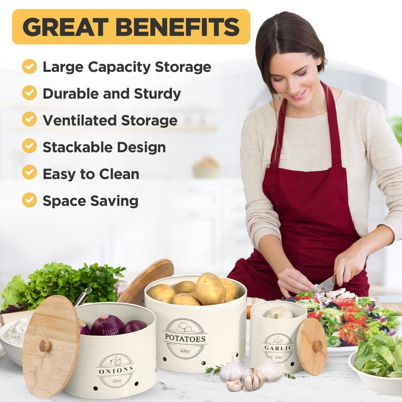 Kito LIVING مجموعات Kito Living Canister لمطبخ عداد 3 قطع من بطاطس البصل البطاطا حارس المطبخ المطبخ لتنظيم المخزن وصناديق التخزين مع منظمة مطبخ الخيزران الخشبية (كريم) - Image 5