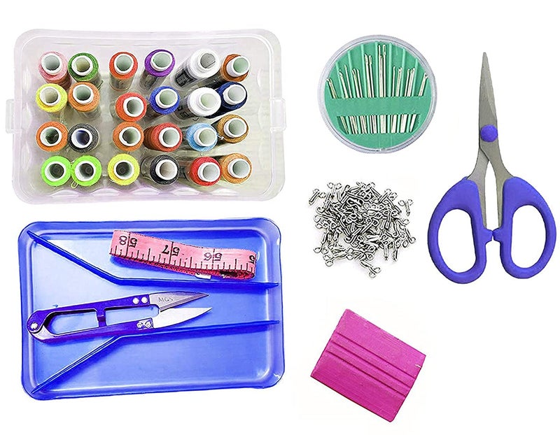 KEPY THE MALL SD Heavy Quality Total 125 Pcs in Sewing Kit 8 in 1 Stitching Thread 24 Pcs Accessory Storage Box Thread Cutter Measuring Tape 16 Needle 80 Dress Hook Scissor Chalk Muticolour  - Image 1