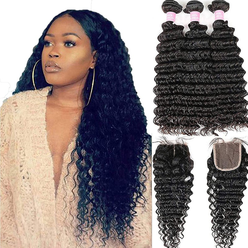 Brazilian Deep Wave Bundles with Closure Virgin Human Hair Bundles with Closure 44 Lace Mixed Length Hair Bundles Natural Color for Black Women 100 Unprocessed Miss GAGA 16 18 2014