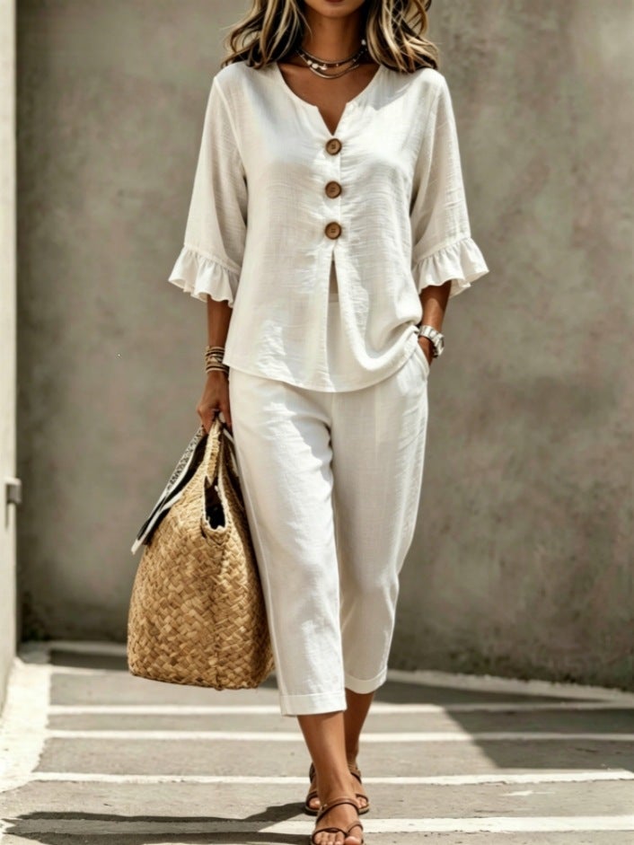 Women's Casual Button V-Neck Ruffle 3/4 Sleeve Top and Cropped Pants Set - Image 5