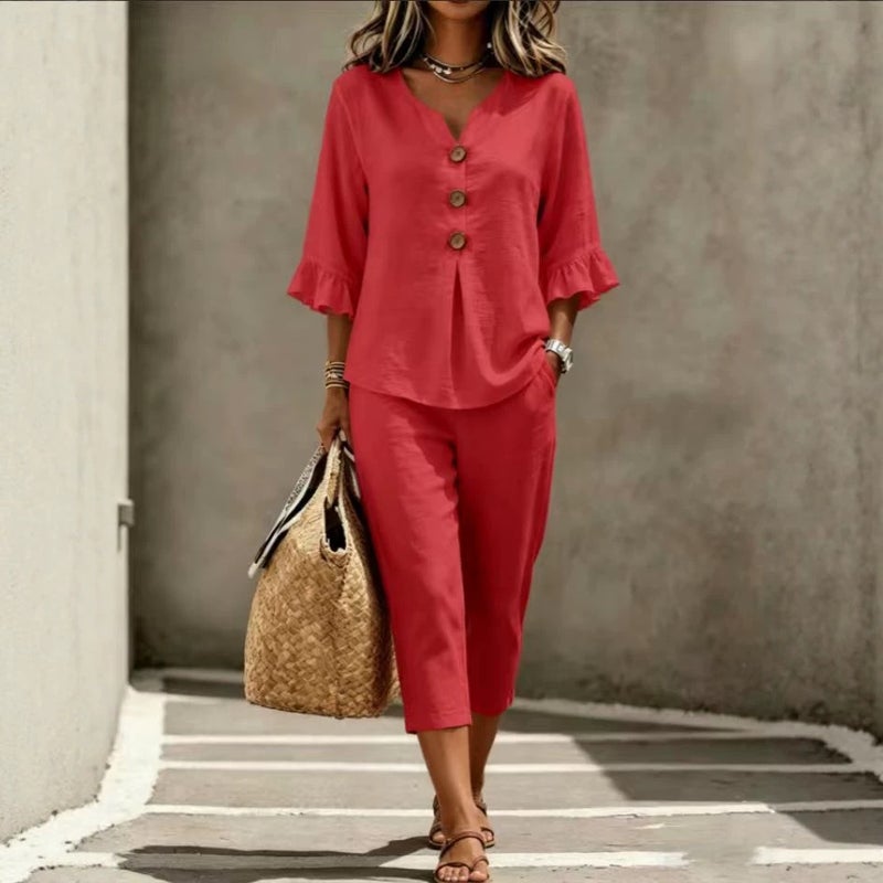 Women's Casual Button V-Neck Ruffle 3/4 Sleeve Top and Cropped Pants Set - Image 4