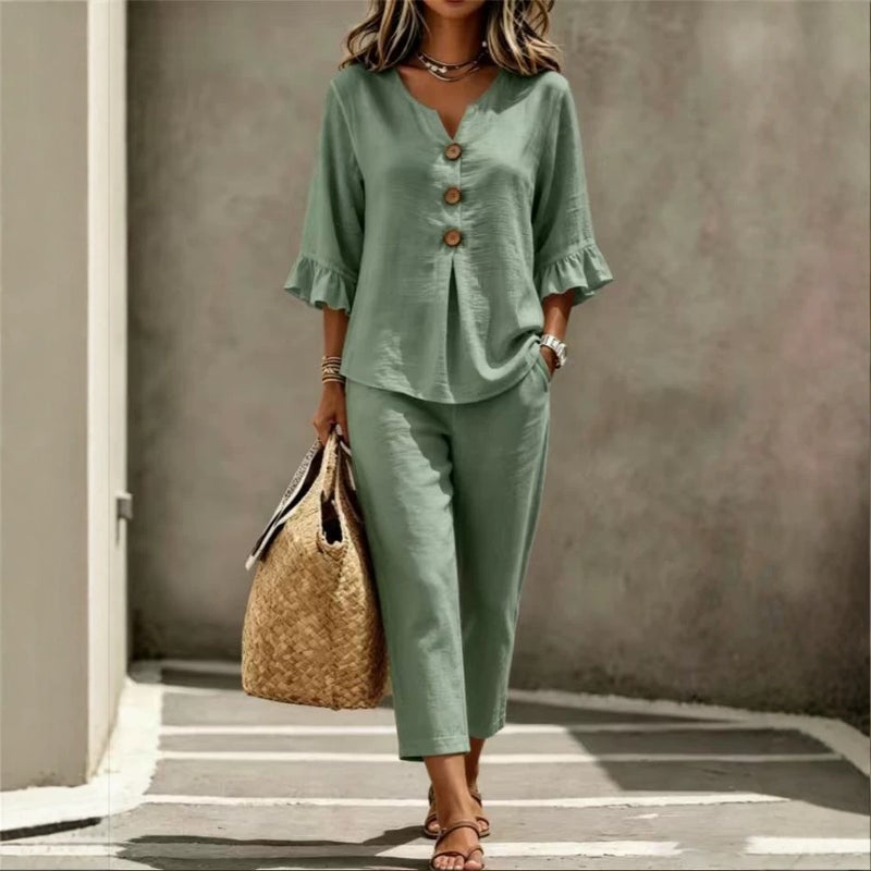 Women's Casual Button V-Neck Ruffle 3/4 Sleeve Top and Cropped Pants Set - Image 1