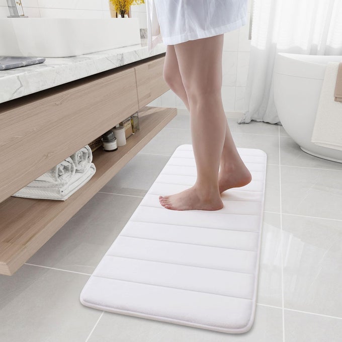 MEMORY FOAM BATH MAT 47 X 17 ULTRA SOFT AND NONSLIP BATHROOM RUGS WATER ABSORBENT AND MACHINE WASHABLE BATH RUG RUNNER FOR BATHROOM SHOWER AND TUB WHITE
