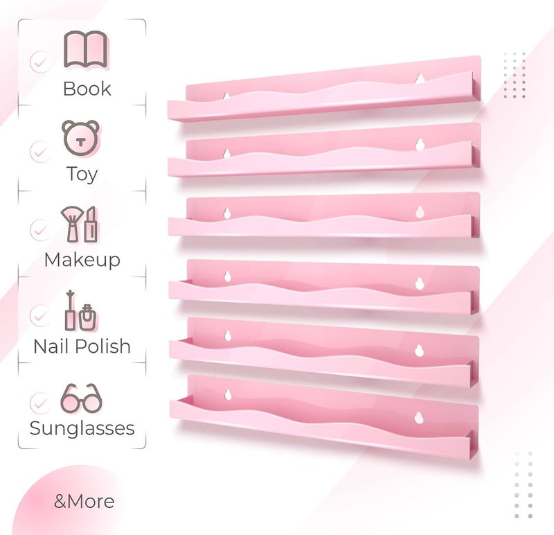 YMVV 6 Pack Nail Polish Wall Mounted Shelf,15 Inch Nail Polish Floating Shelves for 66-90 Bottles Multi-Purpose,Ideal Gift, Great Display for Salons Retailers,Pink - Image 3