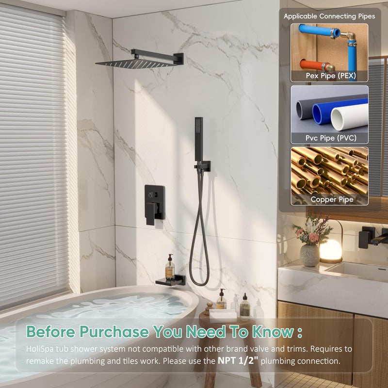 HoliSpa Black Shower System with Tub Spout, All Metal Tub Shower Faucet Set with 10" Rain Shower Head and Handheld Spray combo, Wall Mounted Tub Shower Systems with Valve and Trim Kit, Matte Black - Image 2