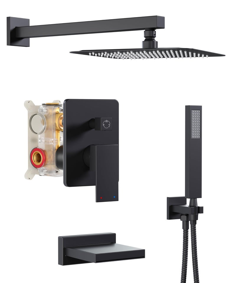 HoliSpa Black Shower System with Tub Spout, All Metal Tub Shower Faucet Set with 10" Rain Shower Head and Handheld Spray combo, Wall Mounted Tub Shower Systems with Valve and Trim Kit, Matte Black - Image 1