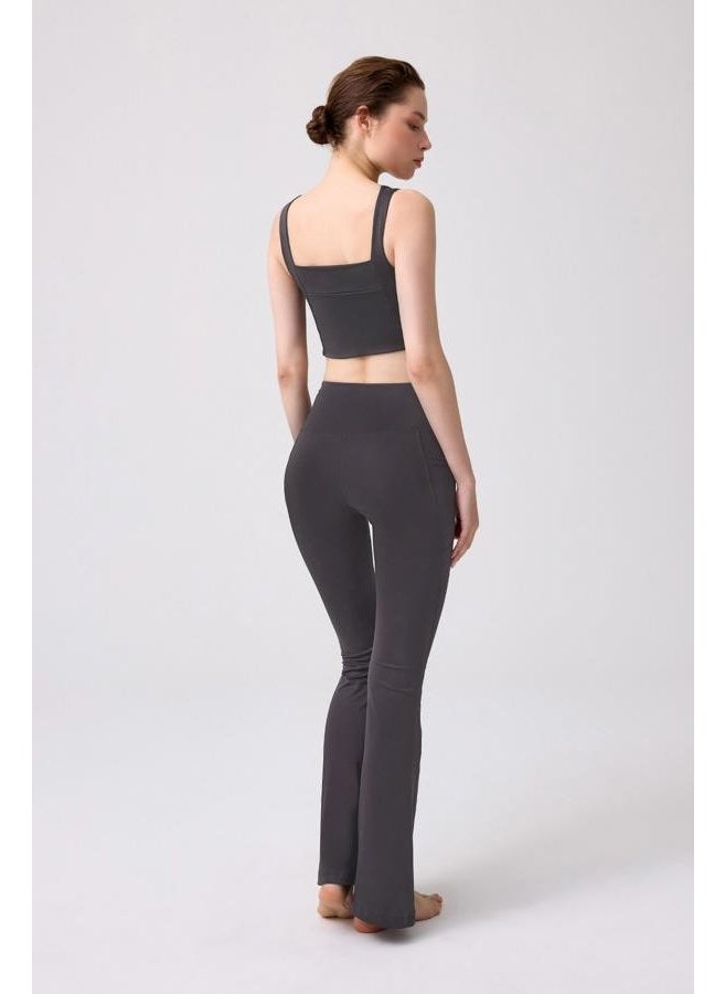 COTTONHILL Smoked High Waist Double Pocketed Bell-bottom Women's Leggings  - Image 4