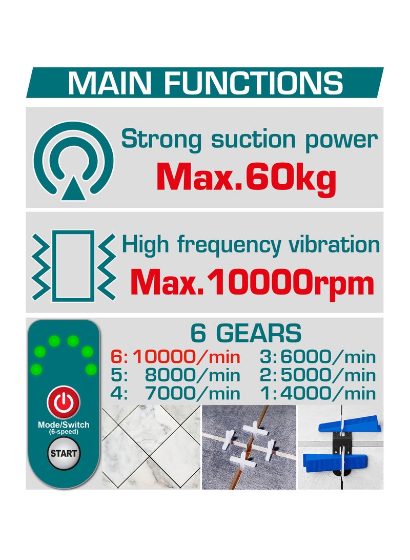 توتال ماكينة اهتزاز بلاط لاسلكية من توتال بجهد ٢٠ فولت، بقوة شفط تصل إلى ٦٠ كغ، وسرعة دوران ١٠٠٠٠ دورة في الدقيقة، مع ٦ مستويات سرعة، وتأتي مع بطارية سعة ٢٫٠ أمبير-ساعة وشاحن، وفواصل بلاط، وميزان تسوية، وواقيات ركبة، ومالج معجون، وصندوق أدوات - Image 3