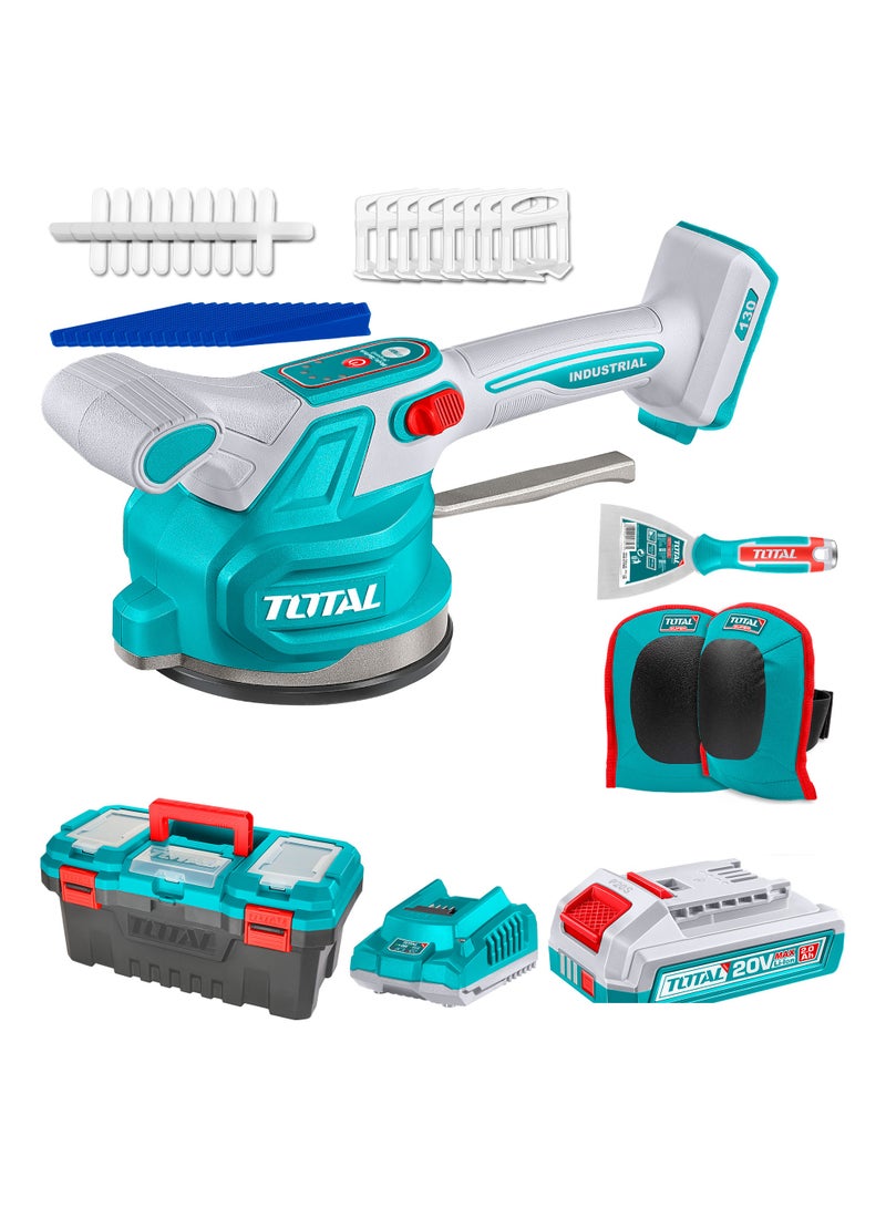 توتال ماكينة اهتزاز بلاط لاسلكية من توتال بجهد ٢٠ فولت، بقوة شفط تصل إلى ٦٠ كغ، وسرعة دوران ١٠٠٠٠ دورة في الدقيقة، مع ٦ مستويات سرعة، وتأتي مع بطارية سعة ٢٫٠ أمبير-ساعة وشاحن، وفواصل بلاط، وميزان تسوية، وواقيات ركبة، ومالج معجون، وصندوق أدوات - Image 1