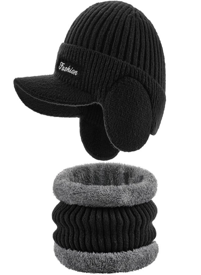 Pleneal Winter Hat with Ear Flaps for Men, Beanie with Brim Hat Scarf Set, Warm Fleece Lined Skull Cap Neck Warmer for Women - Image 1