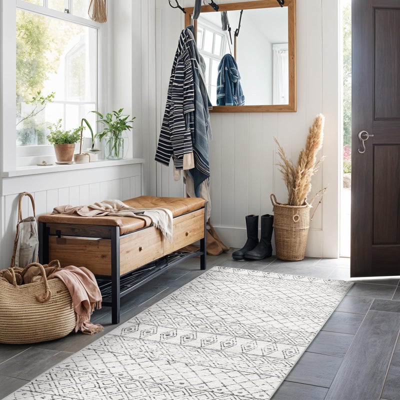 BYYVOO BVVYOO Hallway Runner Rugs Moroccan 2'x6': Non Slip Runner Rug with Rubber Backed Floor Mats Soft Low Pile Living Room Carpet for Bedroom Front Door 2'x6' Geo Grey - Image 1