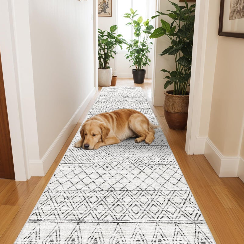 BYYVOO BVVYOO Hallway Runner Rugs Moroccan 2'x6': Non Slip Runner Rug with Rubber Backed Floor Mats Soft Low Pile Living Room Carpet for Bedroom Front Door 2'x6' Geo Grey - Image 2