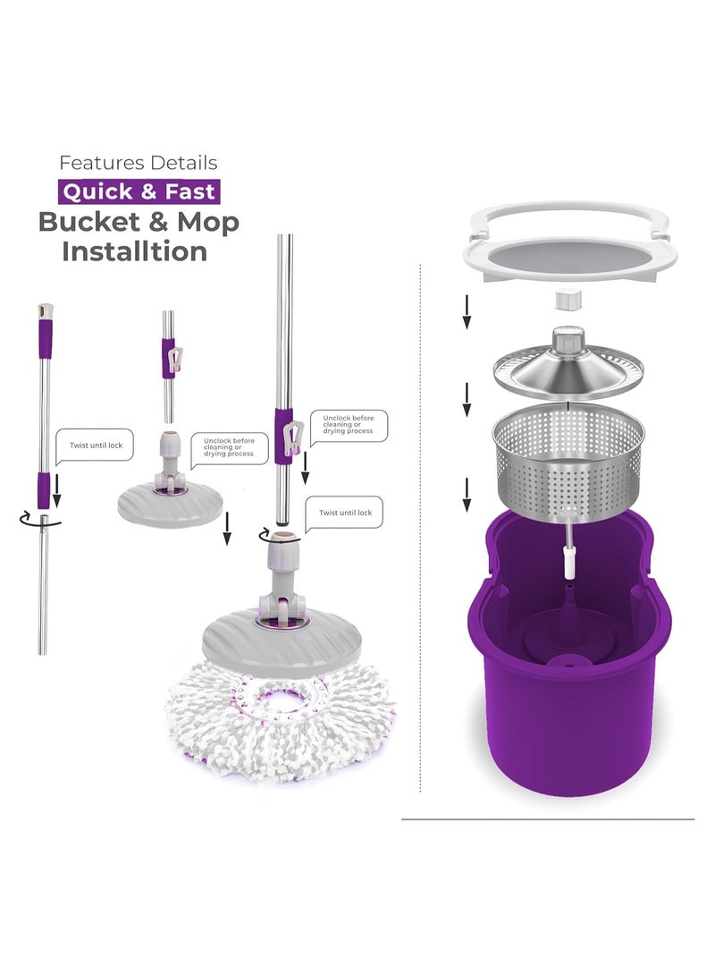 Mops for Floor Cleaning Stainless Steel Spin Mop and Bucket with,Hands Free Wringing, Telescopic Mop Handle, 360° Rotating Mop Head, Reusable Refills 45x26x23cm Purple  - Image 2