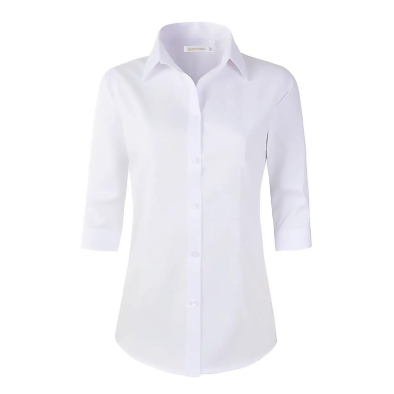 Beninos Women's 3/4 Sleeve Formal Work Wear White Button Down Shirt (226 White L) - Image 1