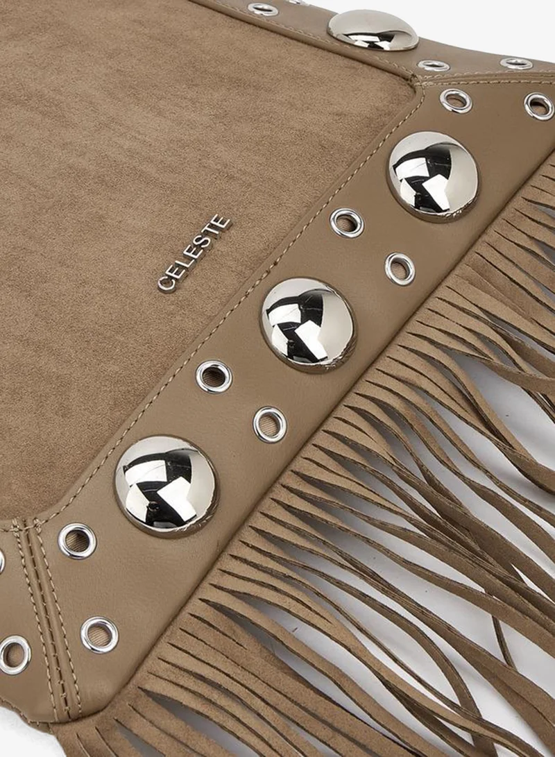 Celeste Beige Studded Shoulder Bag with Fringe Hem for Women | Best Price UAE