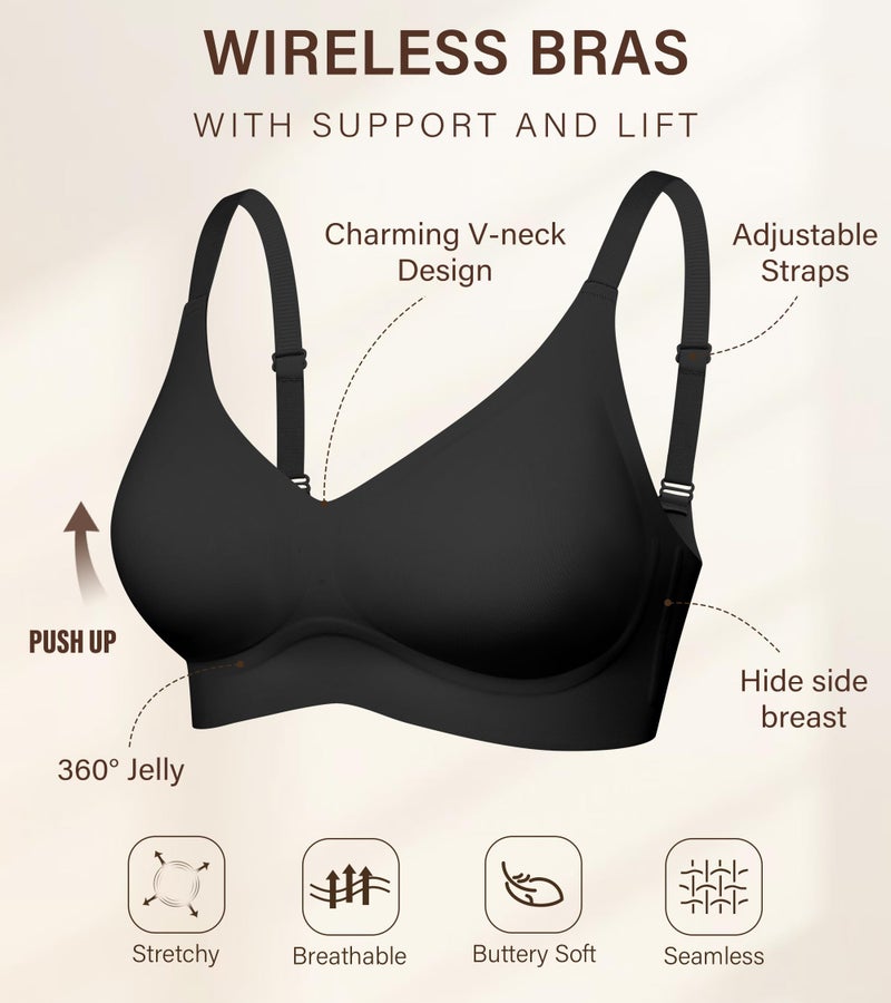 DEANGELMON Seamless Bras for Women No Underwire Comfortable Push Up Bra V Neck Wireless Bralette Full Coverage Wire Free Black Medium - Image 4