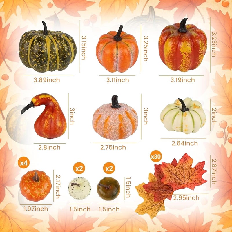 HAKACC 14 PCS Artificial Mixed Pumpkins for Decorating, Fake Pumpkins with 30PCS Fake Maple Leaves Thanksgiving Fall Harvest Decorations for Home, Fall Table Decor - Image 2