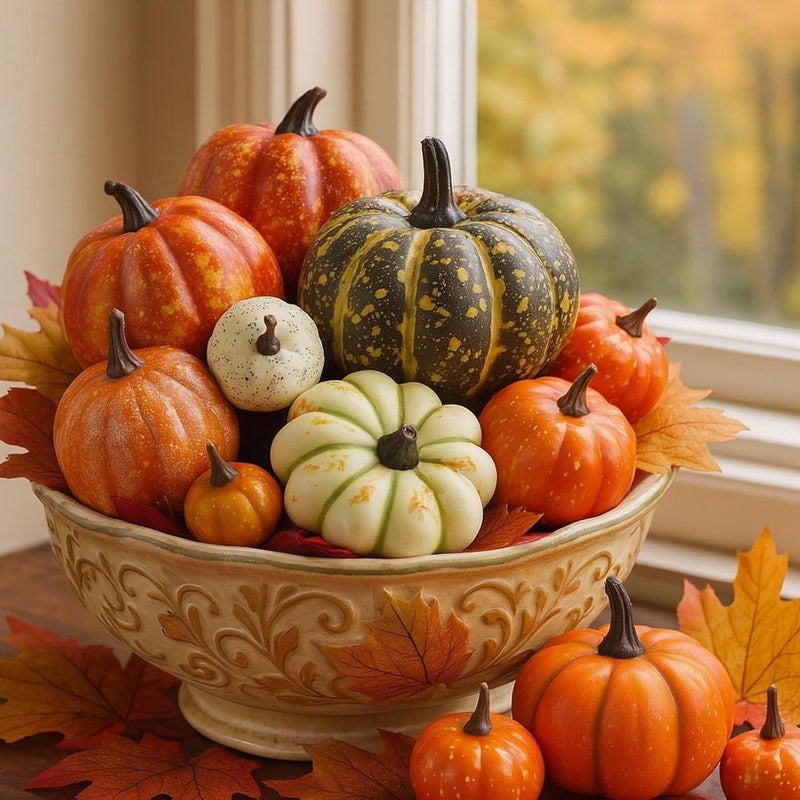 HAKACC 14 PCS Artificial Mixed Pumpkins for Decorating, Fake Pumpkins with 30PCS Fake Maple Leaves Thanksgiving Fall Harvest Decorations for Home, Fall Table Decor - Image 5